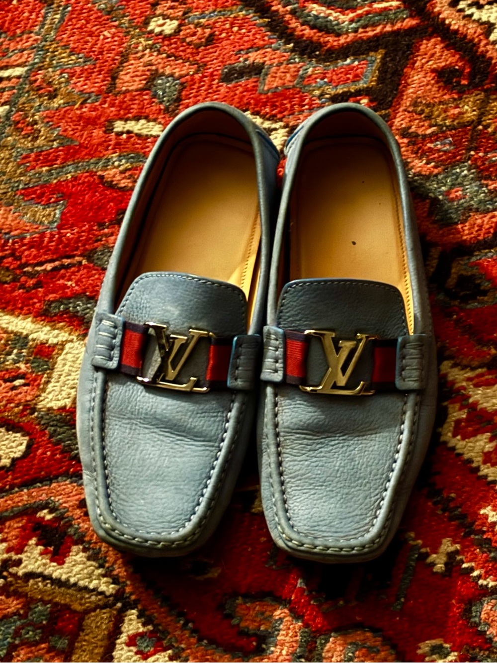 Louis Vuitton Men's Powder Blue Leather Loafers with LV Buckle and Red Accent